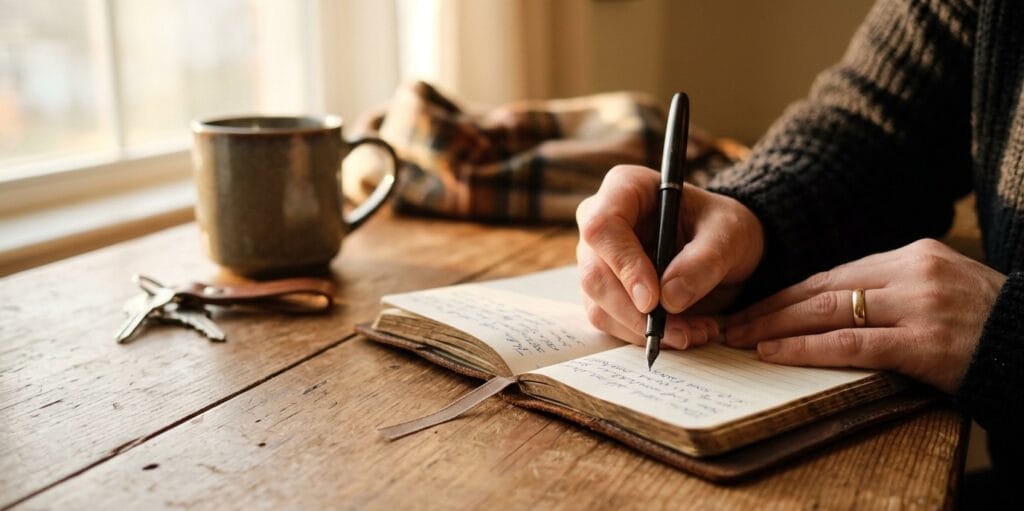 A hand writing in a small journal in warm late-afternoon light, illustrating the two-minute interior check-in practice for leaders feeling divided inside.