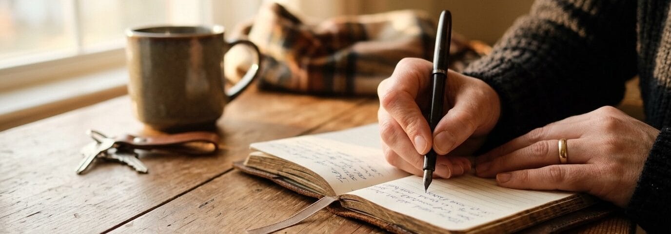 A hand writing in a small journal in warm late-afternoon light, illustrating the two-minute interior check-in practice for leaders feeling divided inside.