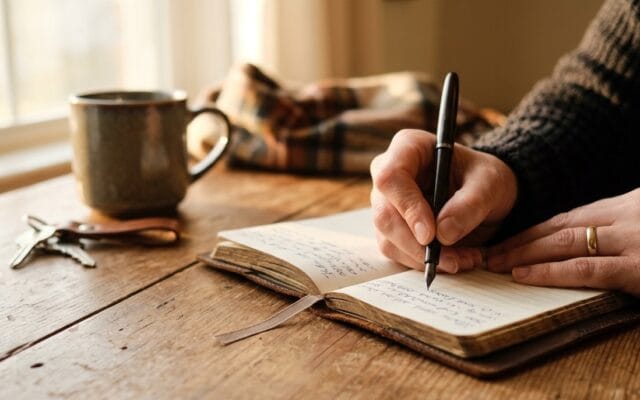 A hand writing in a small journal in warm late-afternoon light, illustrating the two-minute interior check-in practice for leaders feeling divided inside.