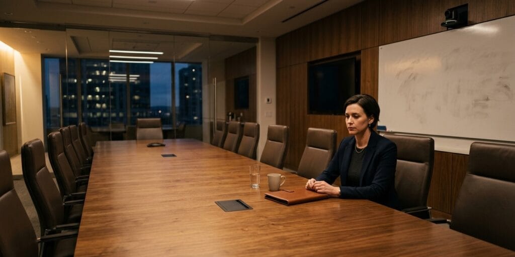A professional sitting alone at an empty conference table after a meeting, staring forward with a quiet, contemplative expression.