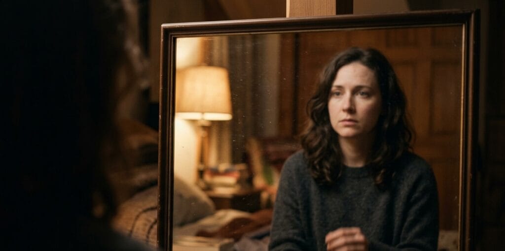 A person looking at their own reflection in a mirror with a quiet, searching expression, representing the gap between the public persona and the interior self.