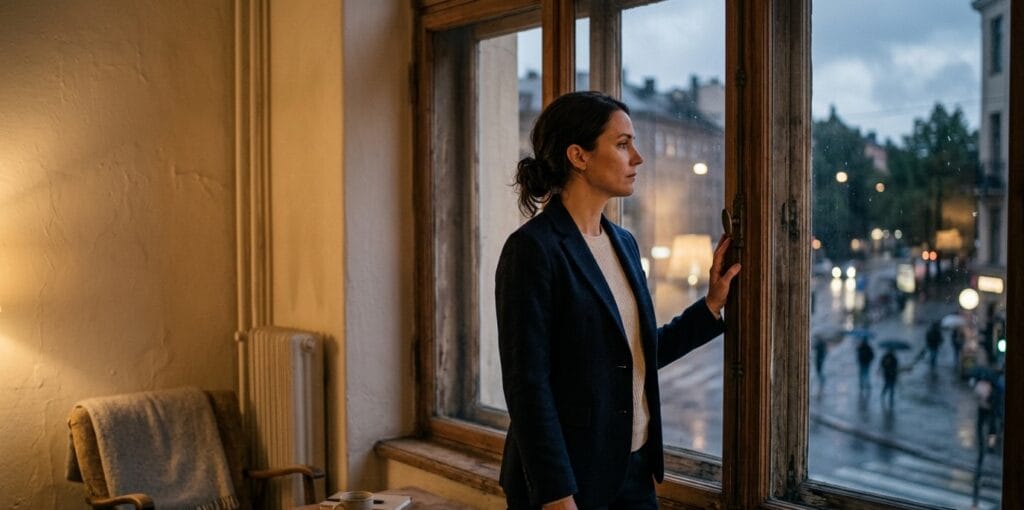A person dressed for work standing at a window and looking out, posture still and interior, representing the quiet weight of grief that has no place at the office.