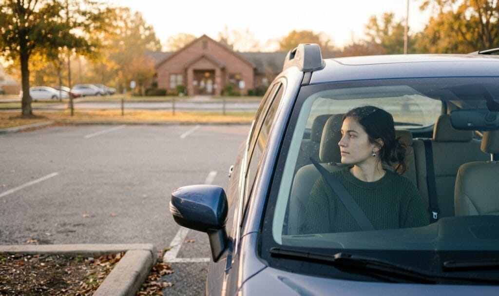 A person sitting alone in a parked car looking toward a building in the distance, representing the quiet moment of realizing your spiritual community no longer fits who you are becoming.
