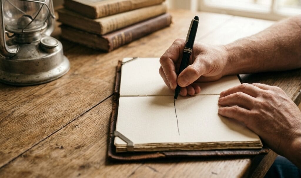 A person drawing a line down the center of a blank notebook page, illustrating the Two-Column Practice for finding interior clarity when you feel caught between staying and leaving a spiritual community.