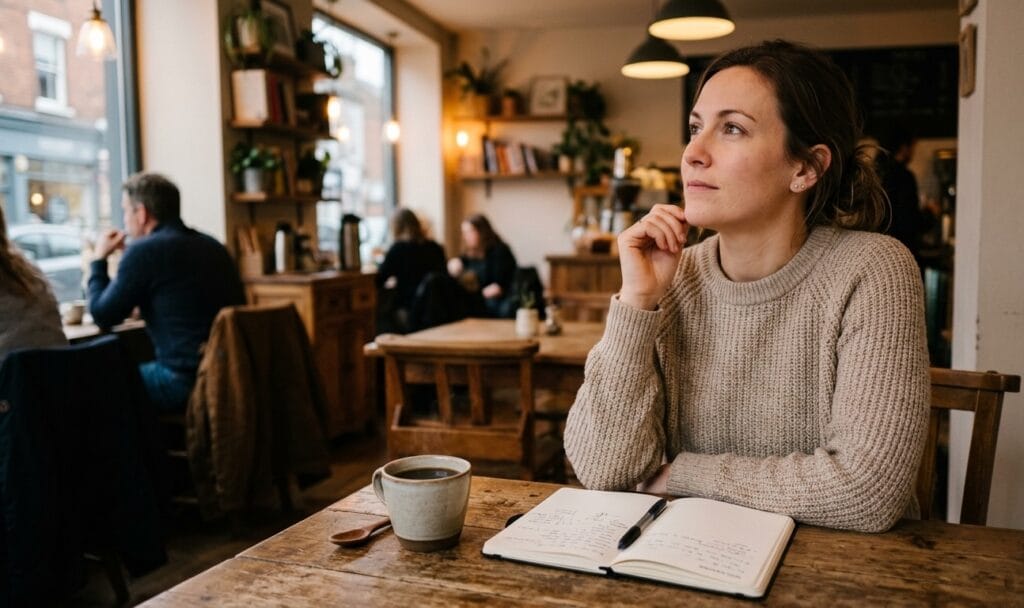 A person sitting at a table with an open journal, looking up with a calm and quietly shifted expression, representing the moment interior clarity begins to emerge from honest self-examination.
