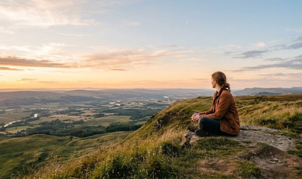 A person standing alone at the edge of an open field looking toward a wide horizon in warm low light, representing the threshold between an inherited faith and the spiritual life rising from within you.