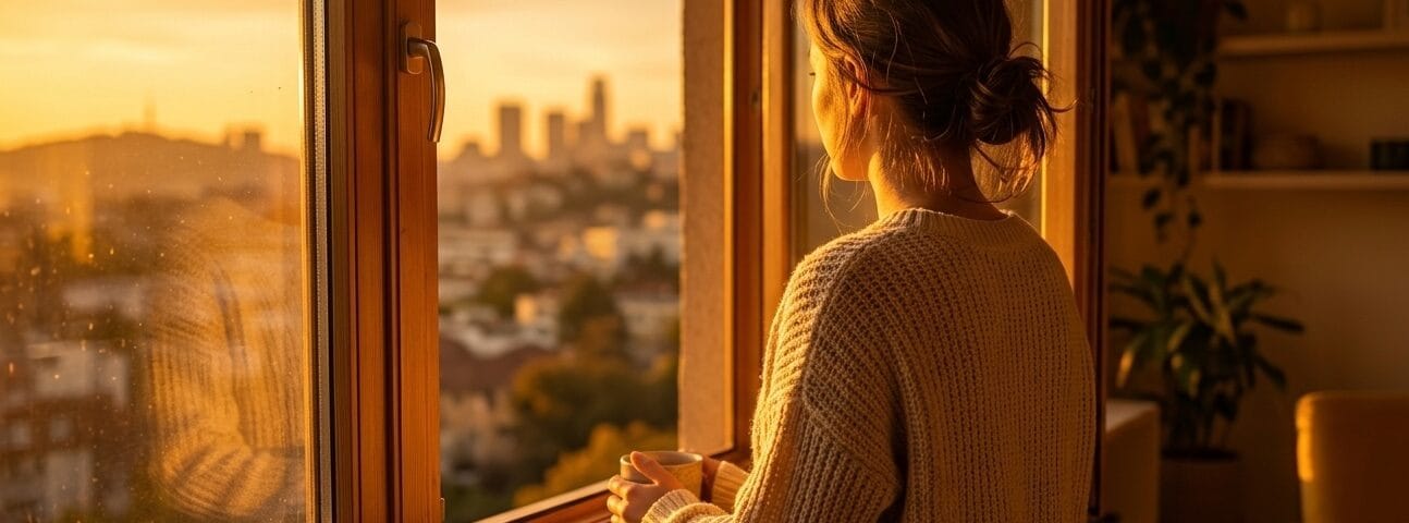 Person standing at a sunlit window viewed from behind, looking outward, warm golden-hour light filling the room around them