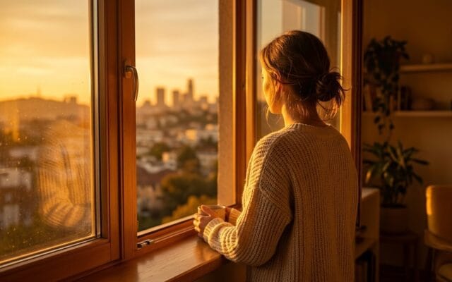 Person standing at a sunlit window viewed from behind, looking outward, warm golden-hour light filling the room around them