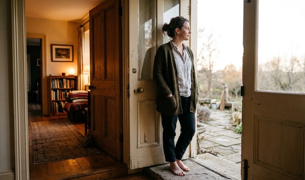 A person standing in a doorway looking outward, caught between a familiar interior and an undefined exterior, representing the threshold of outgrowing a spiritual community you still belong to.